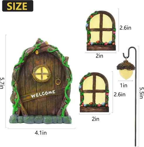 Miniatura 4 de Accesorios de jardín de hadas en miniatura: brilla en la oscuridad puerta y ventanas de hadas para árboles, adorno de jardín de resina verde