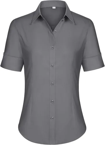 Miniatura 19 de siliteelon Camisas de vestir de manga corta con botones para mujer, camisas de algodón con botones para mujer, blusa ajustada de manga 3/4