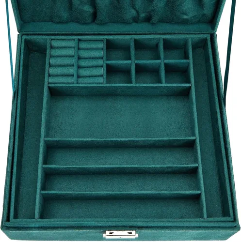 Miniatura 16 de Caja organizadora de alhajas con dos capas con cerradura y llave, textura de terciopelo, charola extraíble, compacta, amplio espacio de Negro