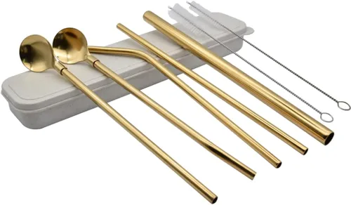 Hoshen Juego de 7 cucharas de paja de acero inoxidable dorado, popote reutilizable de 8.5 pulgadas, con estuche de transporte (3 popotes/2 cucharas