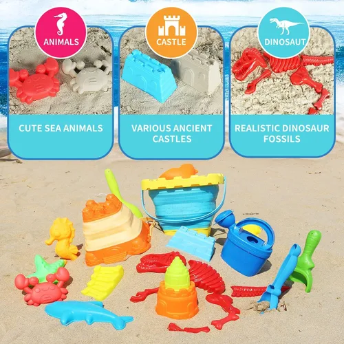 Miniatura 3 de Elovien Juego de juguetes de arena de playa, 24 juguetes de caja de arena con bolsa de malla incluida 2 cubos plegables, moldes de arena, palas
