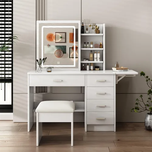 Miniatura 5 de Montary Escritorio de tocador de maquillaje con espejo y luces, juego de mesa de tocador blanca con 5 cajones, espejo deslizante, estantes