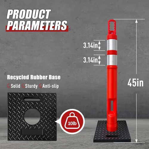 Miniatura 2 de Conos de poste de delineador naranja de 45 pulgadas con base de goma reciclada resistente, 2 bandas reflectantes de alta intensiva para conos