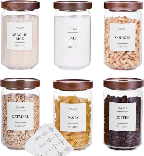 Tzerotone Tarros de almacenamiento de cristal para despensa con tapa hermética de acacia, recipientes de cocina transparentes de 25 onzas con tapa