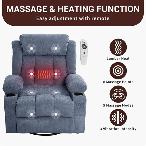 Miniatura 3 de GarveeHome Rocker - Silla reclinable giratoria con masaje de calor, grande, amplia, mecedora, sofá individual con 3 posiciones, 2 bolsillos