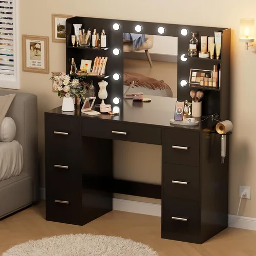 Miniatura 3 de Escritorio de maquillaje con espejo y 10 luces, mesa con 7 cajones y 4 estantes abiertos, 3 modos de color y brillo ajustable, estación de carga