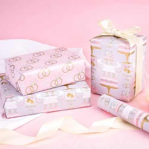 Miniatura 4 de WRAPAHOLIC Rollo de papel reversible para envolver bodas, mini rollo, 17 pulgadas x 33 pies, diseño floral de pastel y anillo, perfecto para bodas