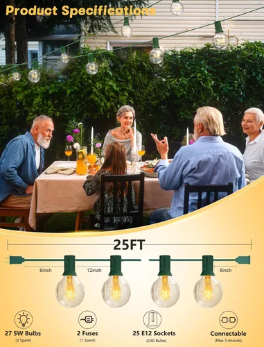 Miniatura 2 de SUNSGNE Luces Redondas de Navidad de 25 Pies, Luces de Cadena Globo G40 con 27 Bombillas Transparentes, Certificado UL para Exteriores Interiores