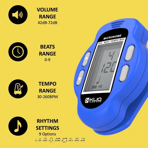 Miniatura 4 de KLIQ MicroNome - Mini metrónomo digital recargable - con altavoz (volumen digital, ajuste de ritmo y tempo) diseñado para su uso con piano, Azul