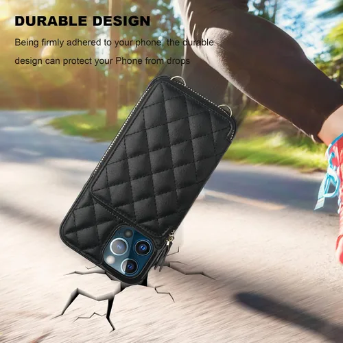 Miniatura 8 de Bocasal Funda tipo cartera cruzada para iPhone 13 Pro, con bloqueo RFID, de piel sintética, con cremallera, funda tipo cartera con función atril