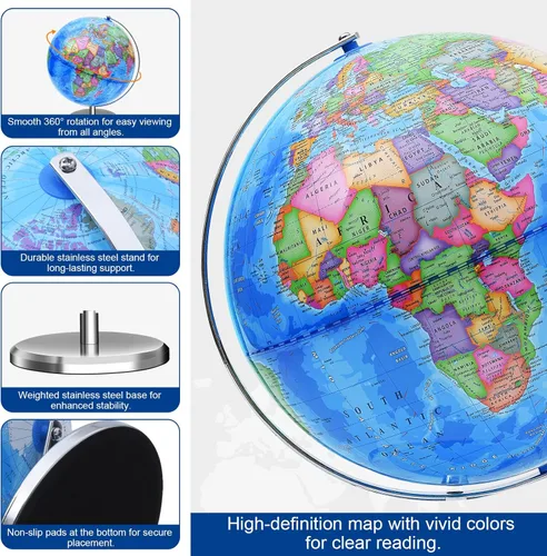 Miniatura 3 de Globo mundial para niños y adultos, mapa educativo giratorio de 12 pulgadas con soporte, globos interactivos autoensamblados para el aprendizaje