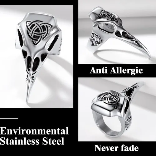 Miniatura 6 de Richsteel Anillo de acero inoxidable con calavera de cuervo vikingo vikingo para hombres y mujeres, joyería gótica de protección nórdica
