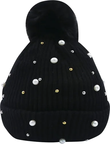 Miniatura 2 de Gorro de invierno holgado para mujer con bola de piel, gorro de perlas con perlas de otoño, gorro cálido y grueso, gorro de esquí con calavera