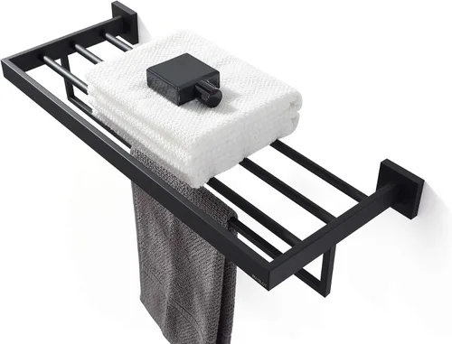 Miniatura 2 de Toallero, toallero para baño, toallero cuadrado moderno estilo hotel con estante, 24 pulgadas, negro mate, montado en la pared, sin montaje, serie