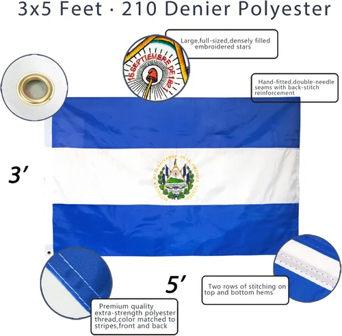Miniatura 2 de Anley EverStrong Series Bandera de El Salvador de 3 x 5 pies Heavy Duty - Rayas bordadas y cosidas - 4 filas de puntadas de seguridad - Banderas