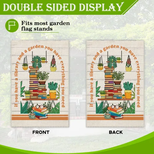 Miniatura 3 de Hafhue Bandera de jardín de bienvenida con texto en inglés "If You Have A Library And A Garden", de doble cara de 12 x 18 pulgadas, para decoración