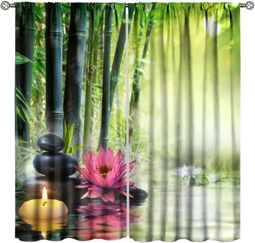 Miniatura 23 de Cortinas con estampado de bambú verde natural, plantas asiáticas, japonesas, tallos rústicos, hojas, cortina de selva con bolsillo para cortinero