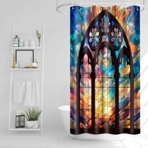 Juego de cortina de ducha de vidrieras coloridas para ventanas de iglesia con 6 ganchos, estilo de arte abstracto, juego de decoración de bañeras de