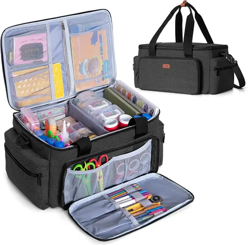 Miniatura 10 de LUXJA Bolsa de manualidades de gran capacidad con correa para el hombro, bolsa de manualidades para arte, álbumes de recortes o suministros de Negro