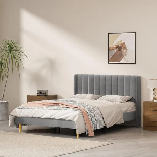 Miniatura 12 de Base de cama Queen con cabecero, base de cama de plataforma con respaldo de terciopelo vertical copetudo, soporte de listones de madera, no necesita
