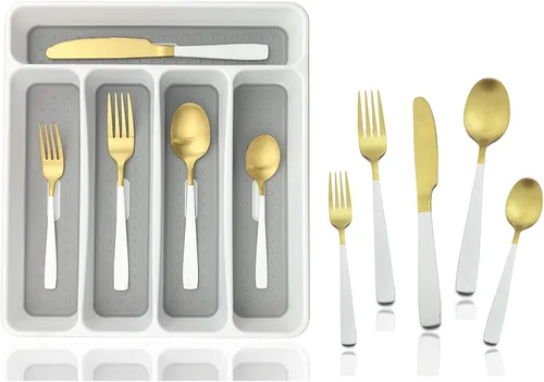 Miniatura 16 de JASHII - Juego de cubiertos con bandeja, 20 piezas de acero inoxidable cuadrado cubiertos servicio para 4, acabado mate, utensilios de alimentación