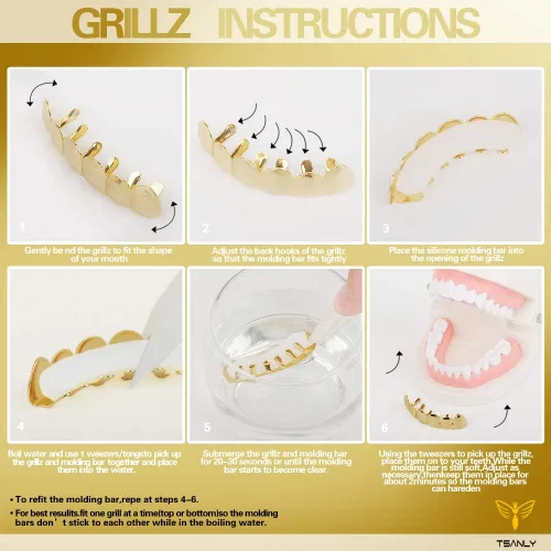 Miniatura 6 de TSANLY Gold Grillz 6 Teeth Mouth 24K Plated Gold Top & Bottom Grills Caps Set for Son + Extra Molding Bars + Microfiber Cloth