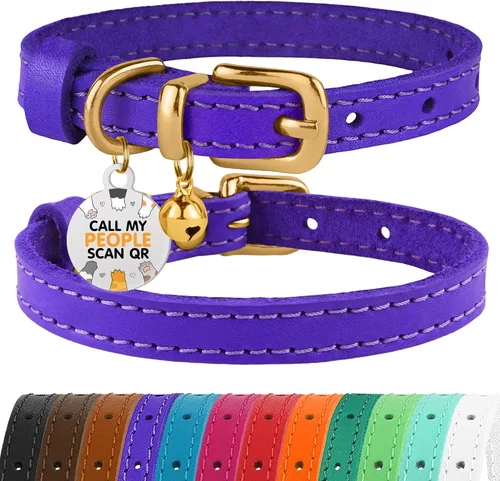 Miniatura 11 de BRONZEDOG Collar de cuero para gato con campanas extraíbles sin liberación rápida, etiqueta QR para gatito para niña y niño