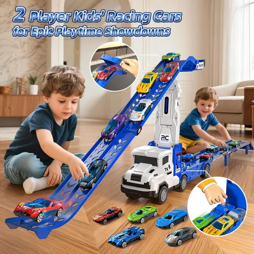 Miniatura 5 de Juguetes de camiones de transporte para niños de 3, 4, 5, 6 y 7 años, juego de camiones transportadores con pista de carreras y 12 juguetes de autos