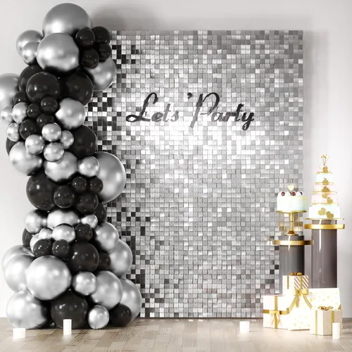 COKAOBE Telón de fondo de pared plateado brillante, 24 piezas de panel cuadrado de lentejuelas brillantes, fondos de fotos para cumpleaños,