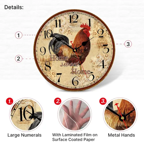 Miniatura 3 de TAHEAT Reloj de pared de gallo rústico de 14 pulgadas, reloj retro silencioso sin tic-tac, fácil de leer, funciona con pilas, relojes de pared