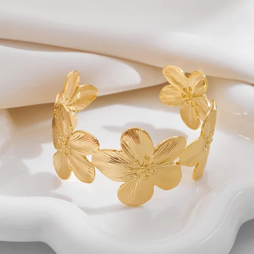 Miniatura 4 de Brazalete hueco de flor vintage dorada para mujer, pulsera abierta ajustable