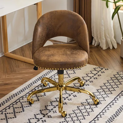 Miniatura 15 de VINGLI Silla de Oficina Pequeña de Terciopelo Moderna, Linda Silla de Escritorio con Ruedas, Base/Tachuelas Doradas, Cómoda Silla Giratoria sin Beige