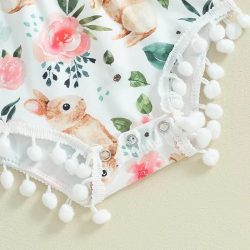 Miniatura 7 de AEEMCEM Traje de Pascua para bebé recién nacida, con estampado floral, sin mangas, con borla, mameluco de una pieza con diadema
