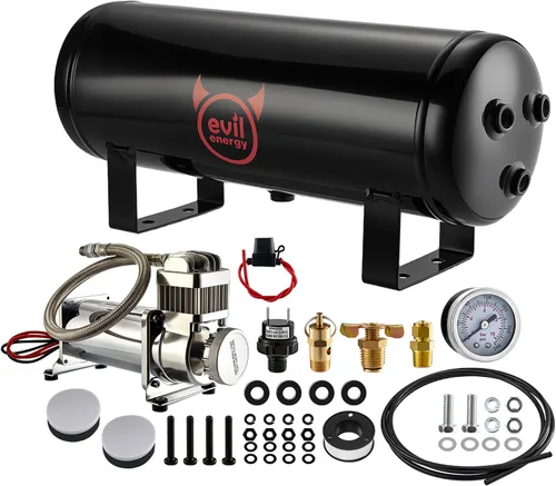 EVIL ENERGY Kit de compresor de aire y tanque de 1.5 galones, 6 puertos, 1/4" NPT 150 PSI nominal 12V compresor de tanque de aire para camión,