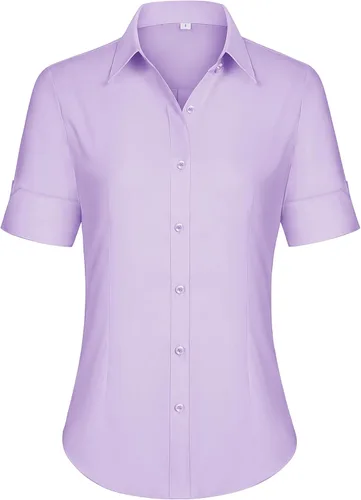 Miniatura 10 de siliteelon Camisas de vestir de manga corta con botones para mujer, camisas de algodón con botones para mujer, blusa ajustada de manga 3/4