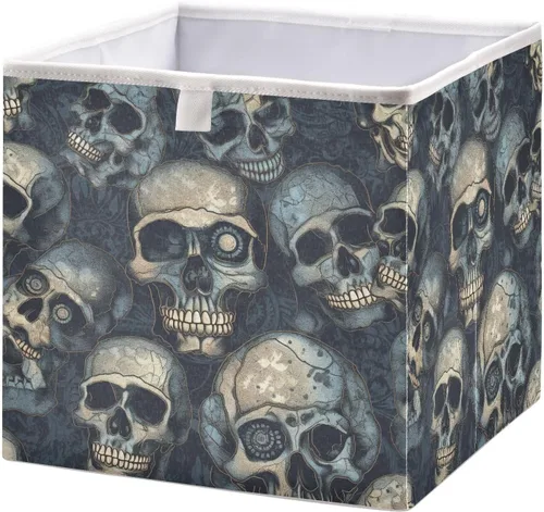 Vnurnrn Cubo de almacenamiento plegable de tela con estampado de calaveras góticas, cubos de almacenamiento con tablero de soporte, canasta plegable