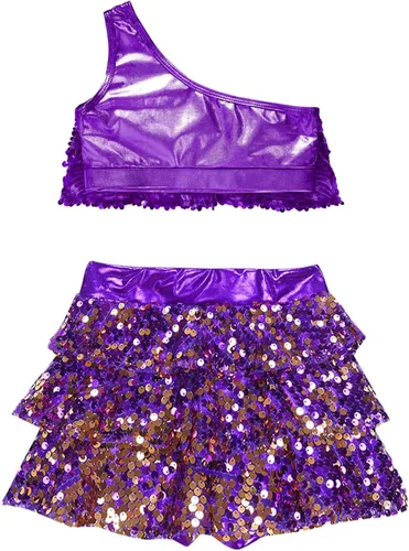 Miniatura 36 de JEATHA Top corto con borlas y lentejuelas brillantes para niñas, con minifalda, jazz latino, salsa, samba, rumba, baile