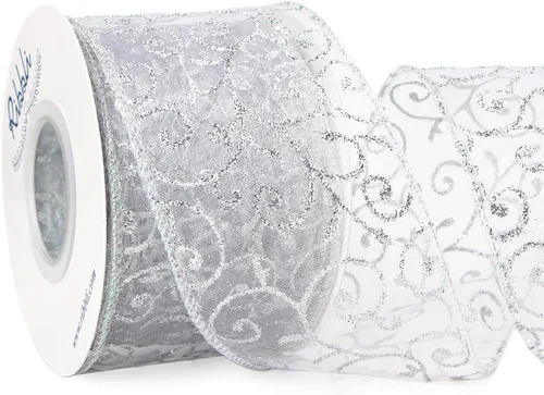 Miniatura 5 de Ribbli - Cinta con alambre y brillantes remolinos, cinta transparente de organza burdeos con patrón de remolino de brillantes dorados y borde