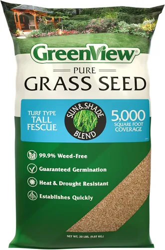 GreenView Pure Grass Seed Turf Type Tall Fescue Sun & Shade Blend, bolsa de 20 libras - Cubre hasta 5,000 pies cuadrados