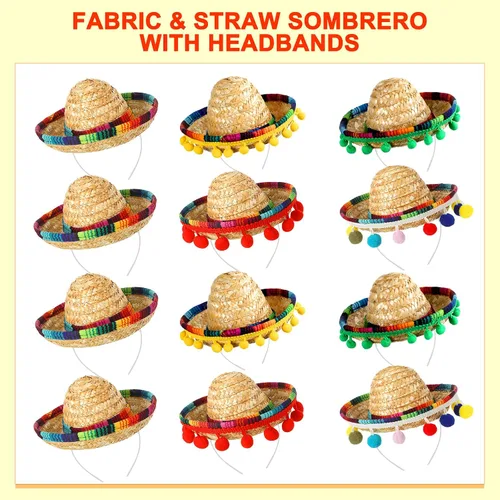 Miniatura 2 de Yunsailing 36 piezas de suministros de fiesta de tela con sombrero de paja, diademas y collares para fiestas mexicanas (estilo moderno)