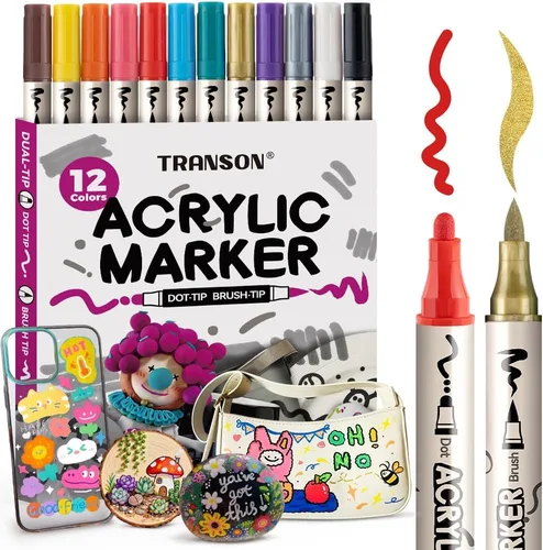 TRANSON Juego de rotuladores de pintura acrílica de doble punta de 12 colores para lienzo de madera, madera, cuero, cerámica, pintura de bricolaje