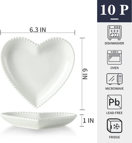Miniatura 2 de Juego de 10 platos de porcelana de 6.3 pulgadas, platos pequeños en forma de corazón, platos blancos para ensalada de postre para pasteles