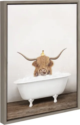 Miniatura 8 de Kate and Laurel Sylvie Highland Cow and Duckling in Rustic Bath - Lienzo enmarcado para pared por Amy Peterson Art Studio; 18 x 24 pulgadas, Natural