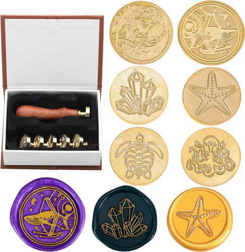 Miniatura 9 de Juego de sellos de cera Yoption, 6 sellos de cera de cobre + 1 kit de sellos de cera de madera vintage retro clásico, kit de sello de cera