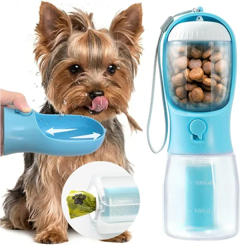 Botella de agua portátil para perros pequeños, dispensador de cuencos de viaje 3 en 1 para mascotas con contenedor de alimentos y soporte para bolsa