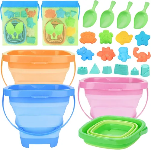 Miniatura 8 de RACPNEL Juguetes de playa plegables para niños, set de 3 cubos de arena y palas plegables con bolsa de malla, cubetas de silicona para elementos