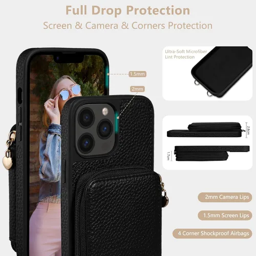 Miniatura 5 de Funda para iPhone 13 Pro Max de 6.7 pulgadas, bolso cruzado con cremallera con bloqueo RFID, soporte de 10 ranuras para tarjetas, cordón desmontable