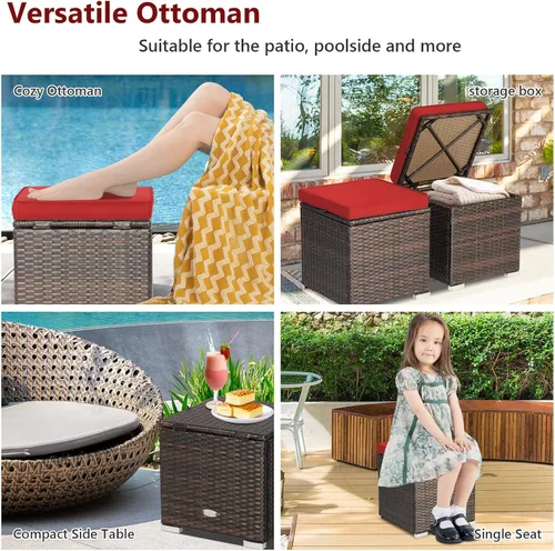 Miniatura 6 de Tangkula - 2 asientos otomanos de patio, mesa lateral de ratán PE tejido a mano de Patiojoy con cojín extraíble y espacio de almacenamiento oculto