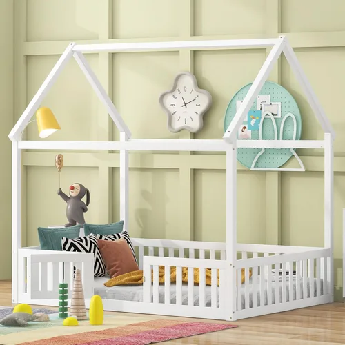Miniatura 9 de Merax Cama de madera de tamaño individual con valla y puerta, marco de cama de madera con techo para adolescentes, niños o niñas, gris