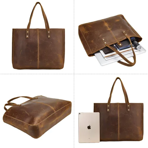 Miniatura 6 de Bolso de hombro de cuero completo para mujer, bolso grande de trabajo para hombres y mujeres, bolso de hombro de negocios, bolso vintage marrón